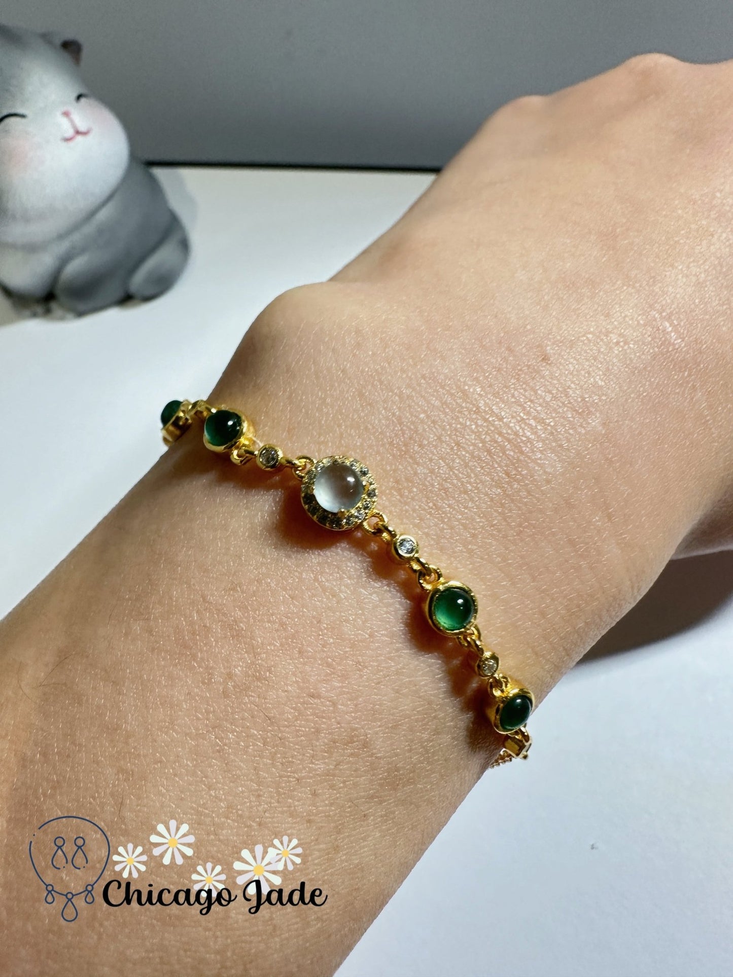 Five stone jadeite jade s925 Sterling silver bracelet bright high quality - Chicago Jadeanniversarybirthday giftbraceletChicago Jade