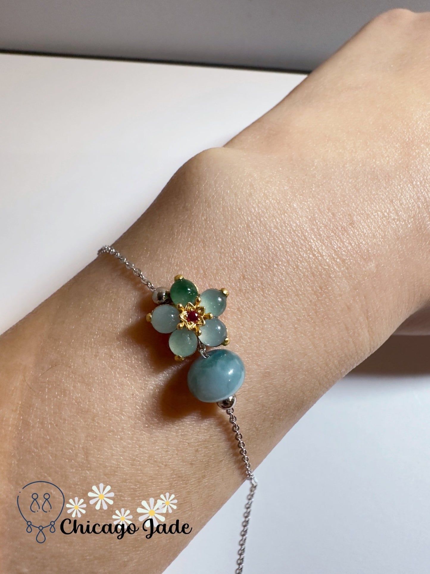 Flower designed jadeite jade bracelet made of S925 Sterling silver - Chicago Jadeanniversarybirthday giftbraceletChicago Jade