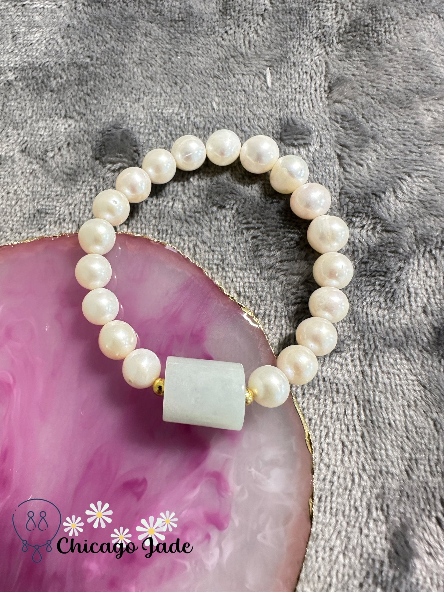 Large single jadeite cylinder bead with pearl - Chicago Jadeanniversarybeadedbirthday giftChicago Jade