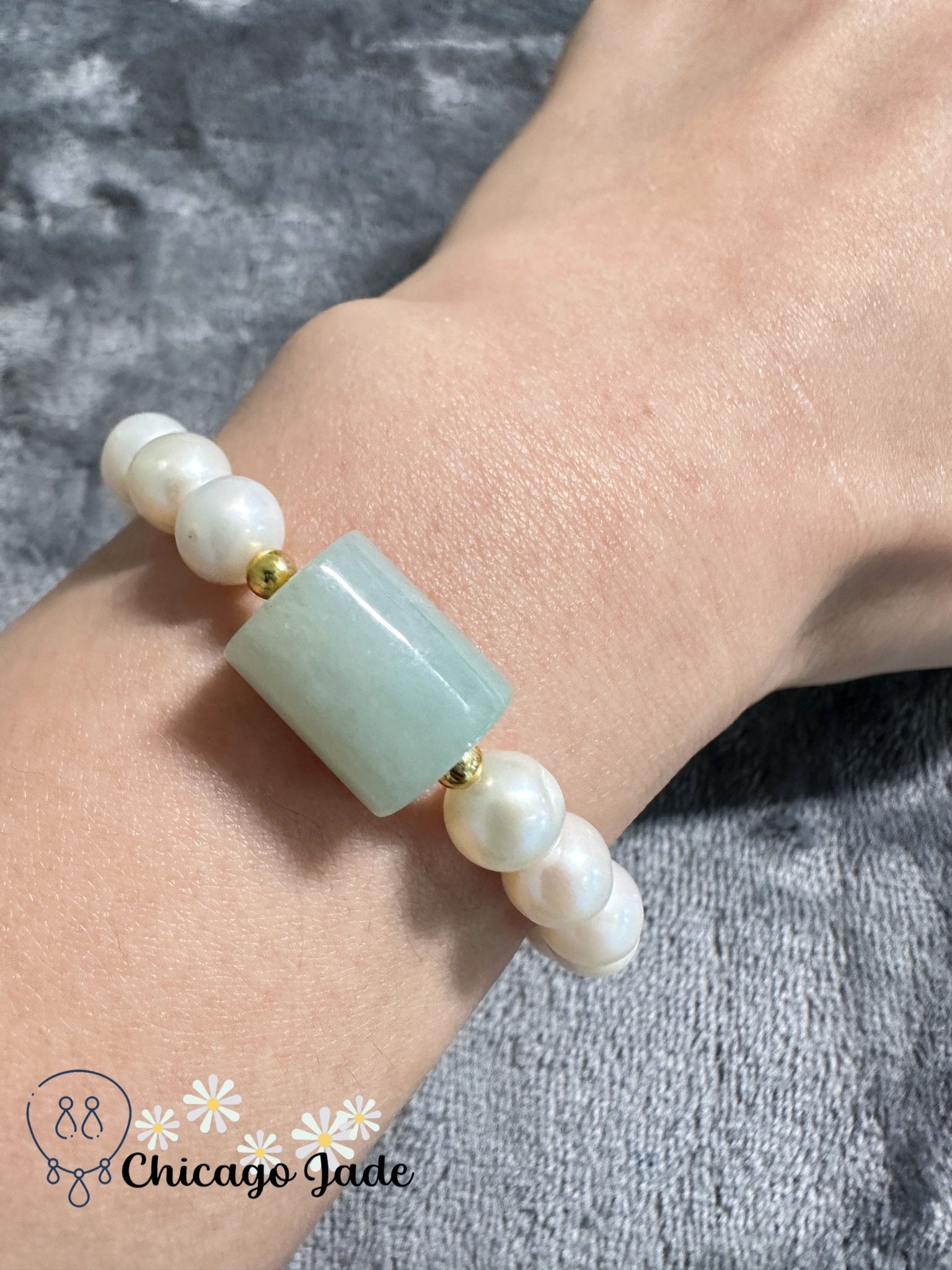 Large single jadeite cylinder bead with pearl - Chicago Jadeanniversarybeadedbirthday giftChicago Jade