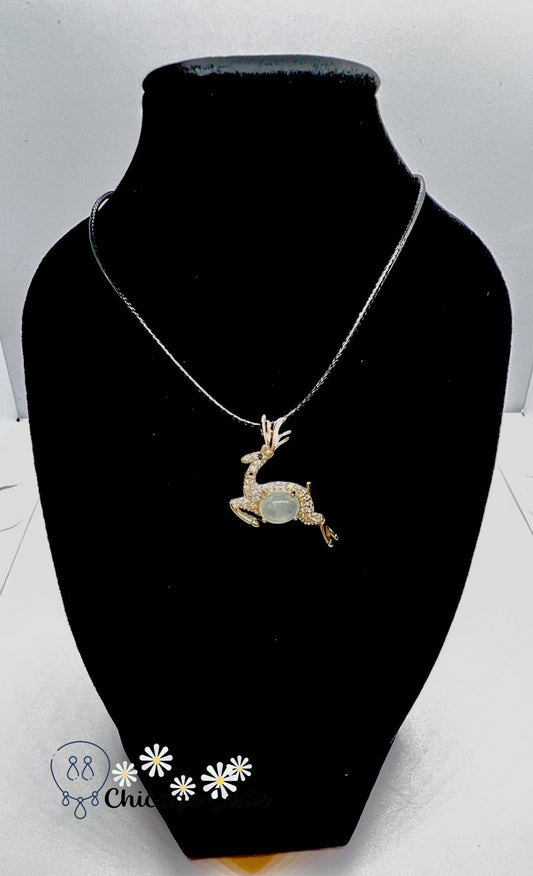 Sterling Silver Jadeite Zircon Reindeer Pendant Necklace - Chicago Jadeanniversarybirthday giftcharmChicago Jade