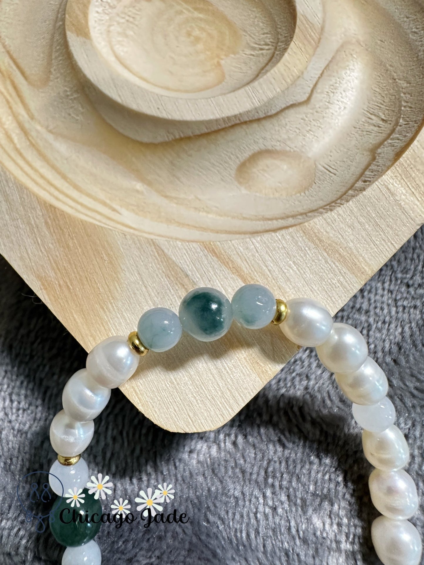 Translucent green jadeite jade bead with paring floating green beads and pearl bracelet - Chicago Jadeanniversarybeadedbirthday giftChicago Jade