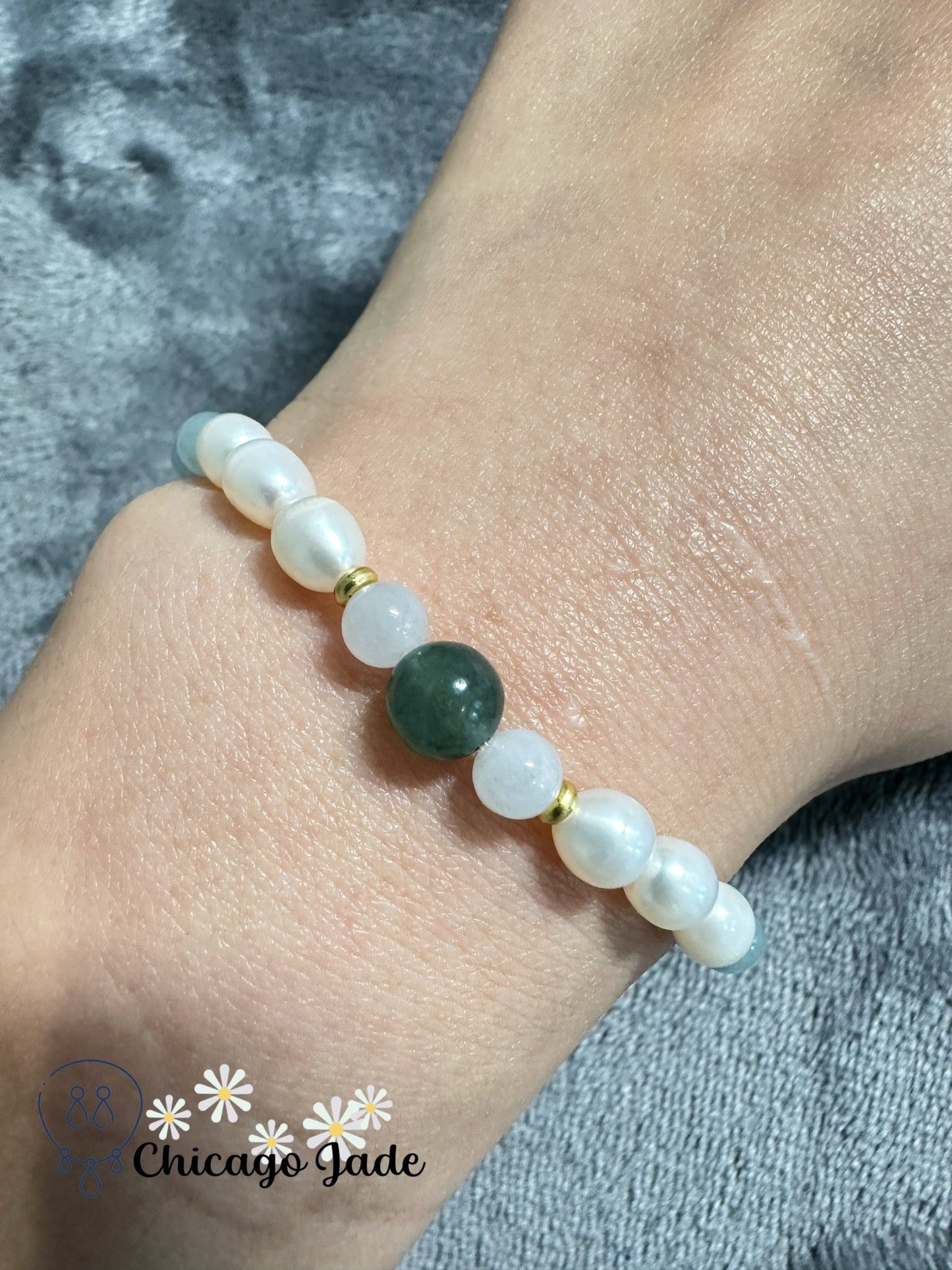 Translucent green jadeite jade bead with paring floating green beads and pearl bracelet - Chicago Jadeanniversarybeadedbirthday giftChicago Jade