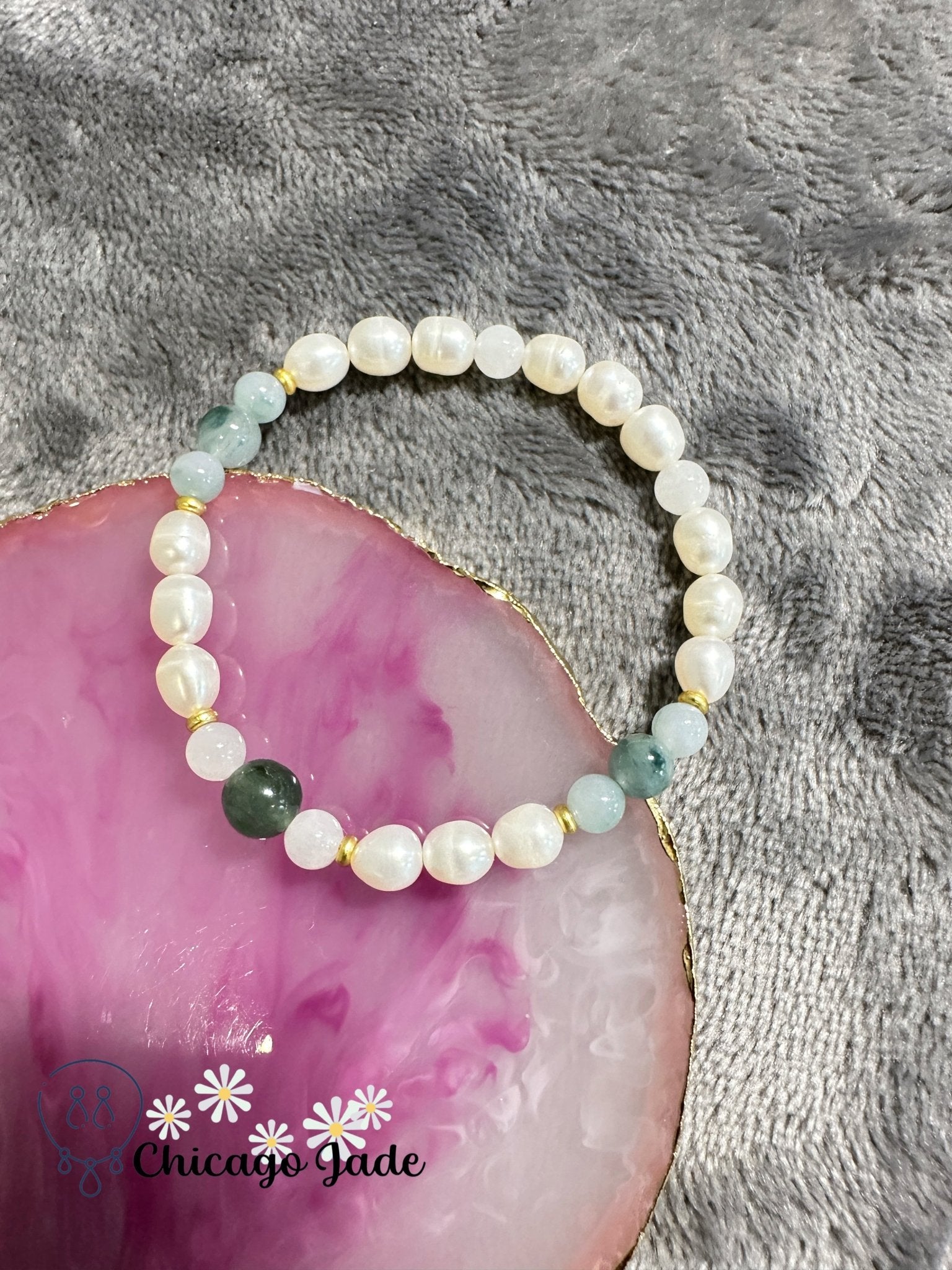 Translucent green jadeite jade bead with paring floating green beads and pearl bracelet - Chicago Jadeanniversarybeadedbirthday giftChicago Jade