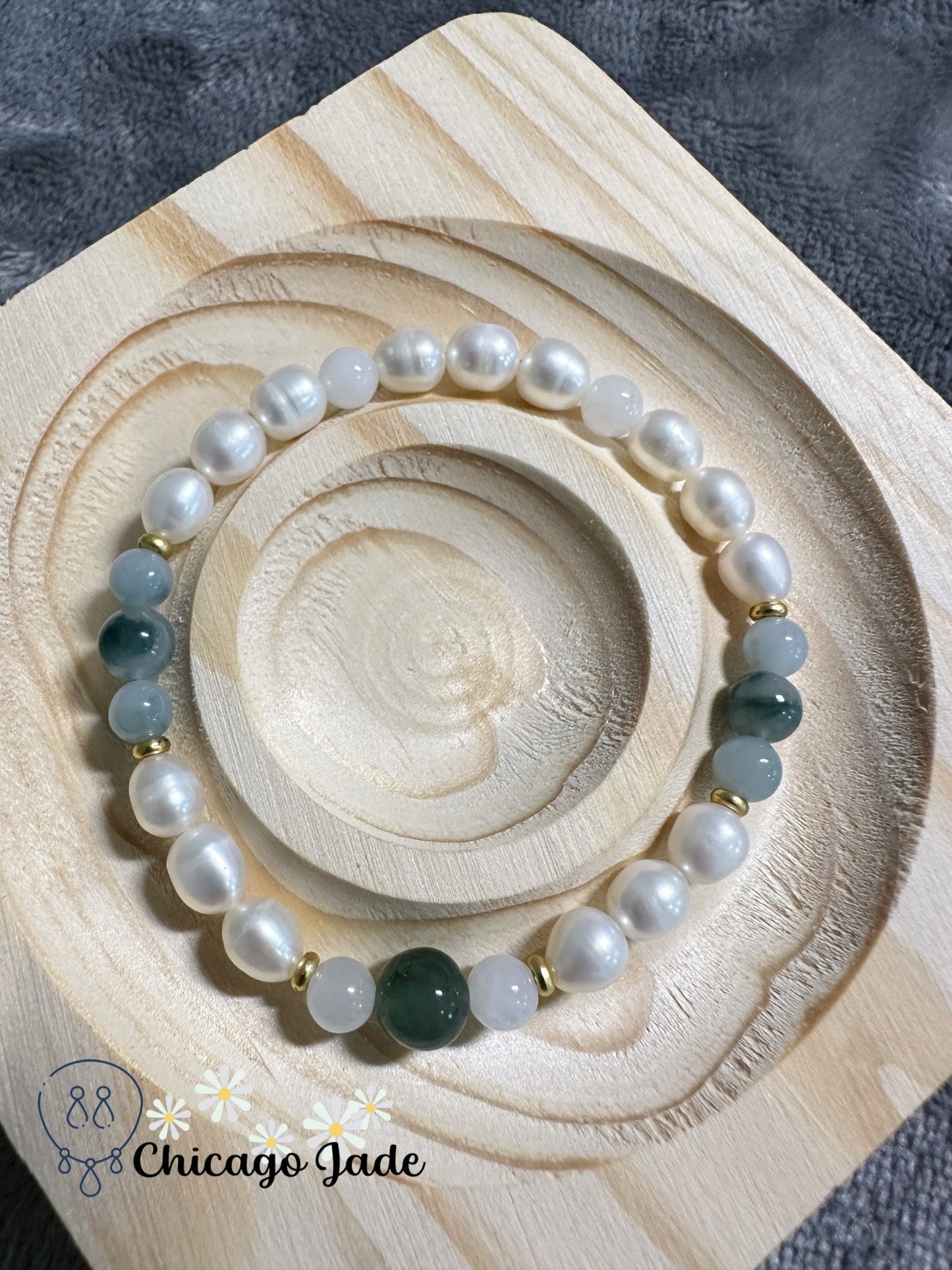 Translucent green jadeite jade bead with paring floating green beads and pearl bracelet - Chicago Jadeanniversarybeadedbirthday giftChicago Jade