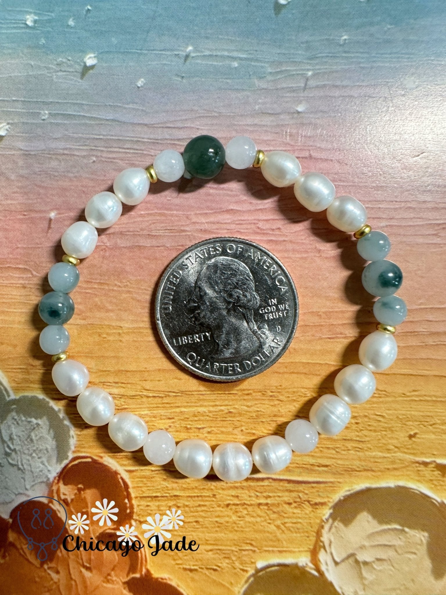 Translucent green jadeite jade bead with paring floating green beads and pearl bracelet - Chicago Jadeanniversarybeadedbirthday giftChicago Jade