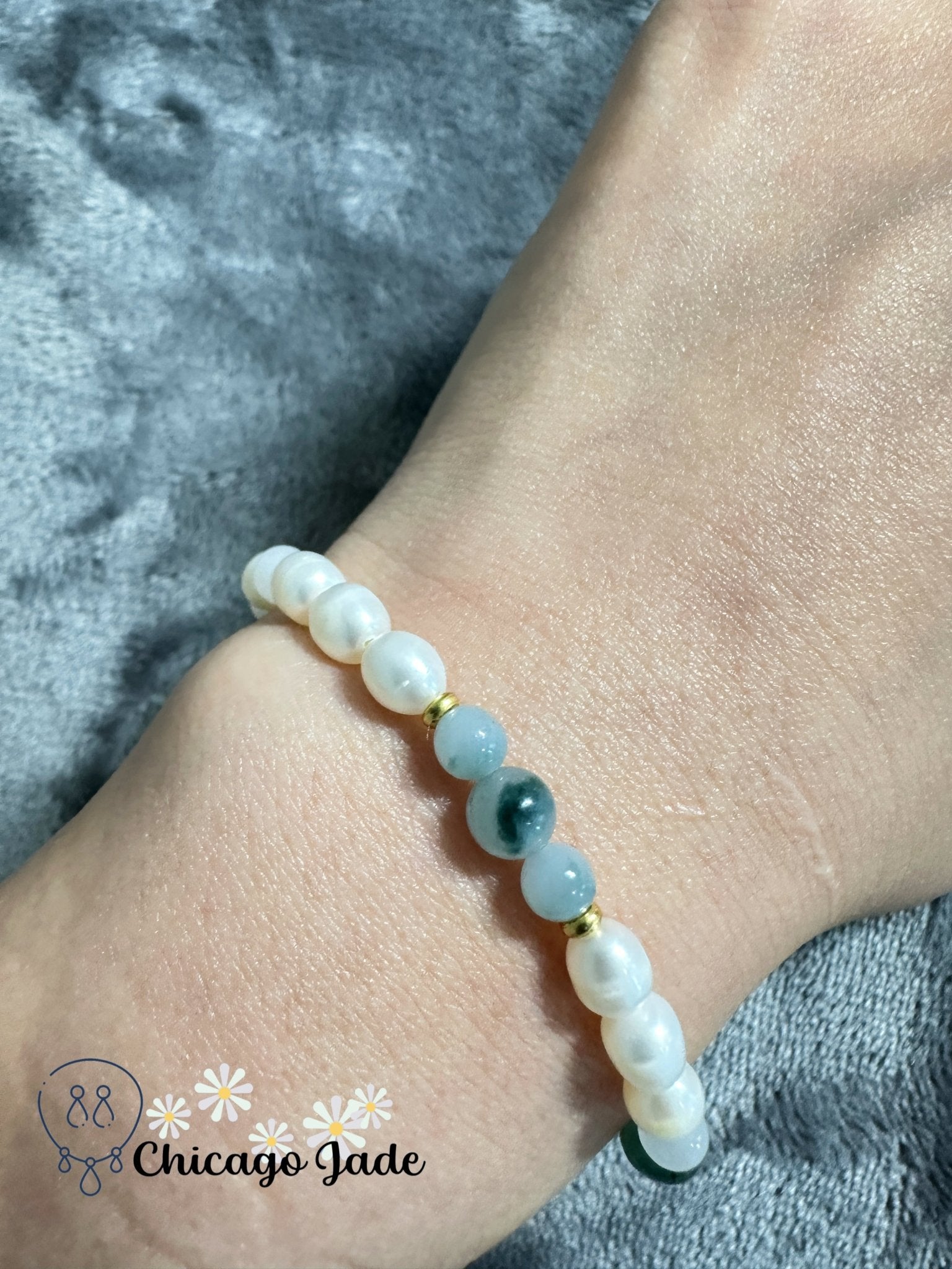 Translucent green jadeite jade bead with paring floating green beads and pearl bracelet - Chicago Jadeanniversarybeadedbirthday giftChicago Jade