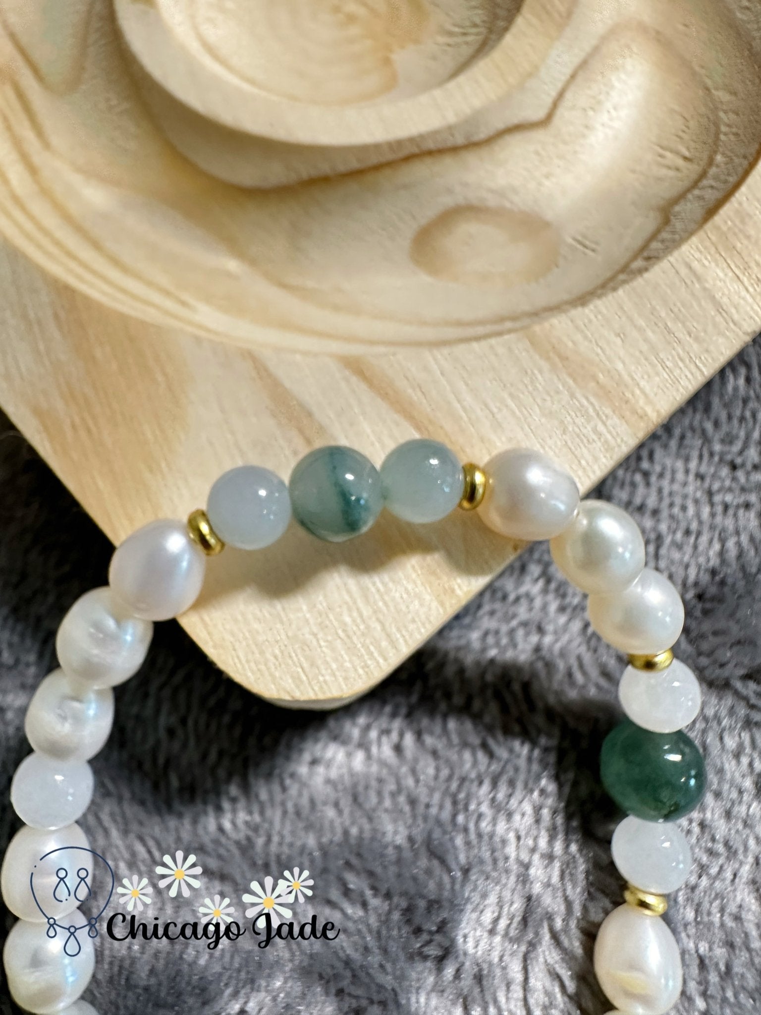 Translucent green jadeite jade bead with paring floating green beads and pearl bracelet - Chicago Jadeanniversarybeadedbirthday giftChicago Jade