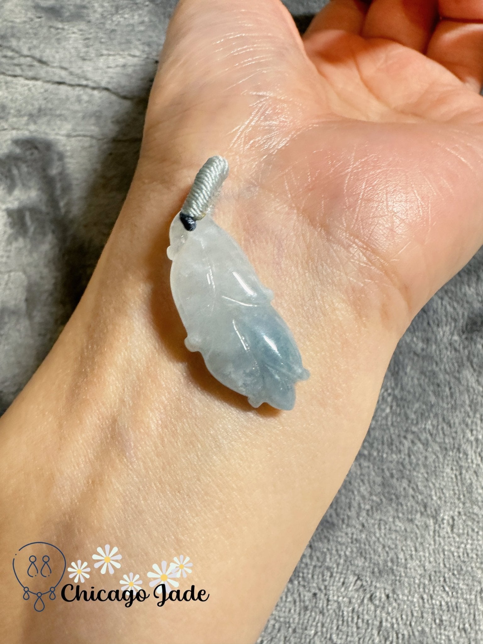 White blue gradient colored flower carved jadeite jade dangle pendant - Chicago Jadeanniversarybirthday giftcharmChicago Jade