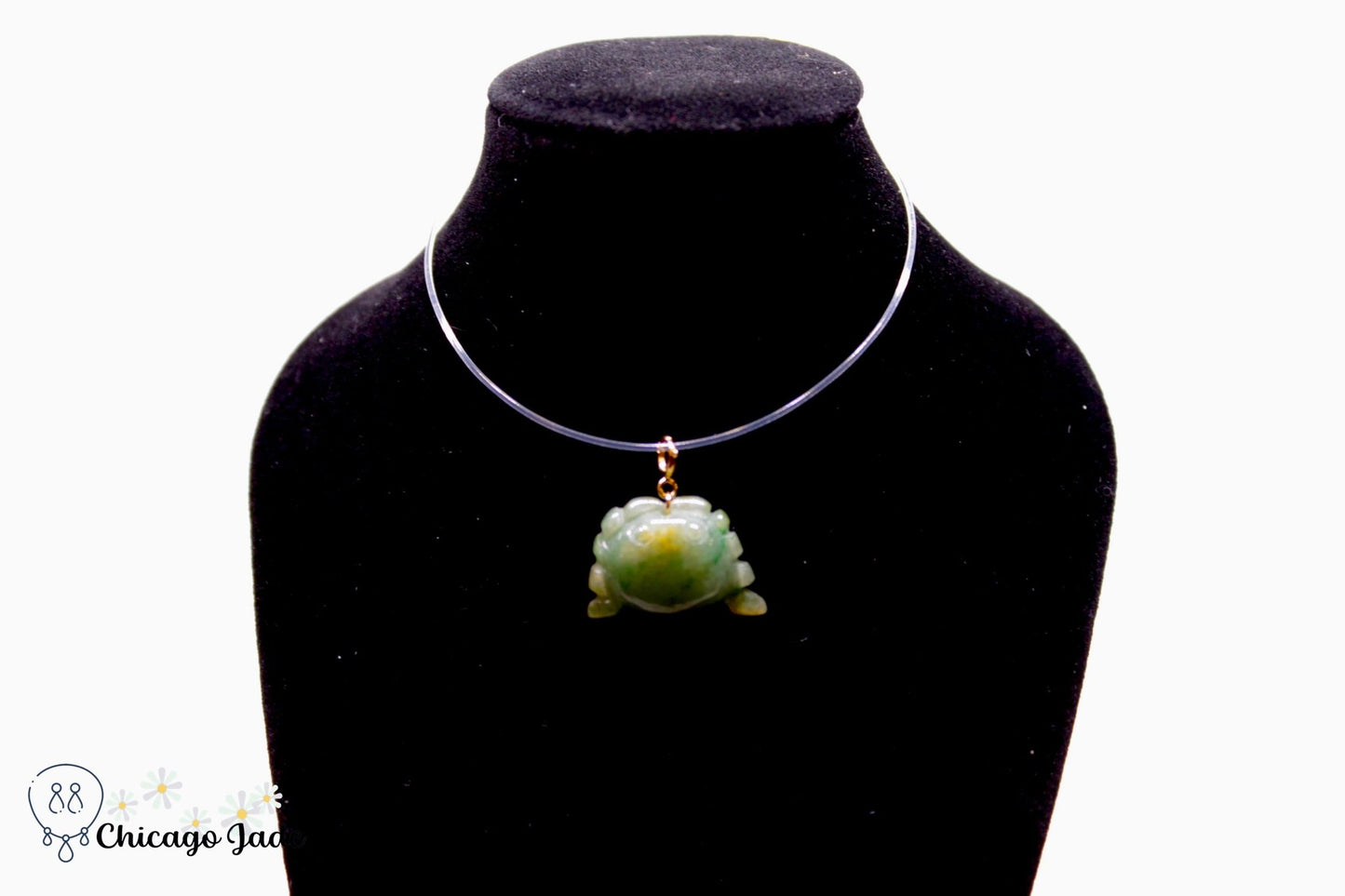 18K0012 Dark Green Yellow Shade Crab Jadeite 18k Gold Pendant Necklace - Chicago JadecharmgoldnecklaceChicago Jade