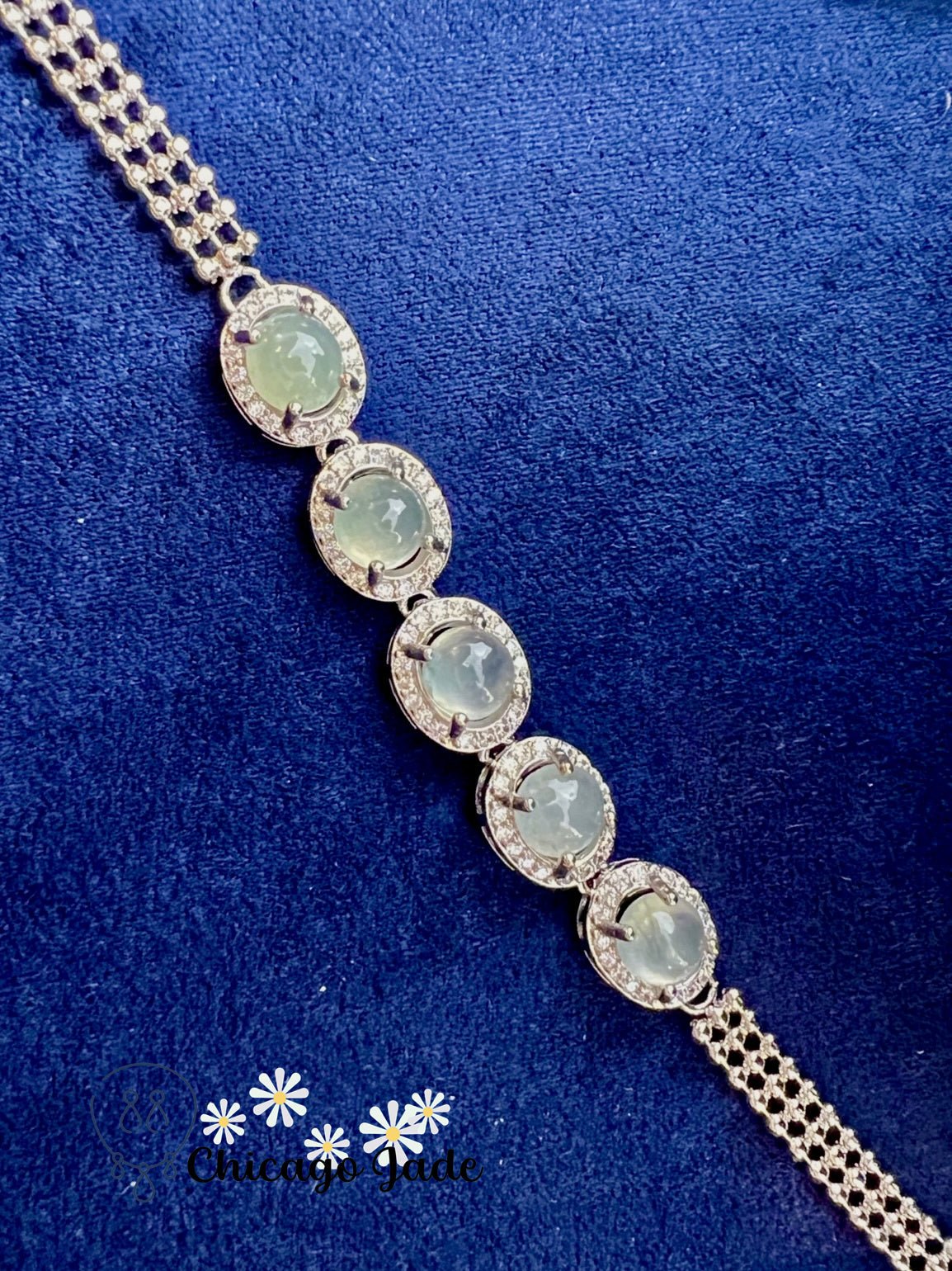 925 S0006B Light Blue Jadeite Sterling Silver Round Zircon Set Bracelet - Chicago JadebraceletsilverChicago Jade