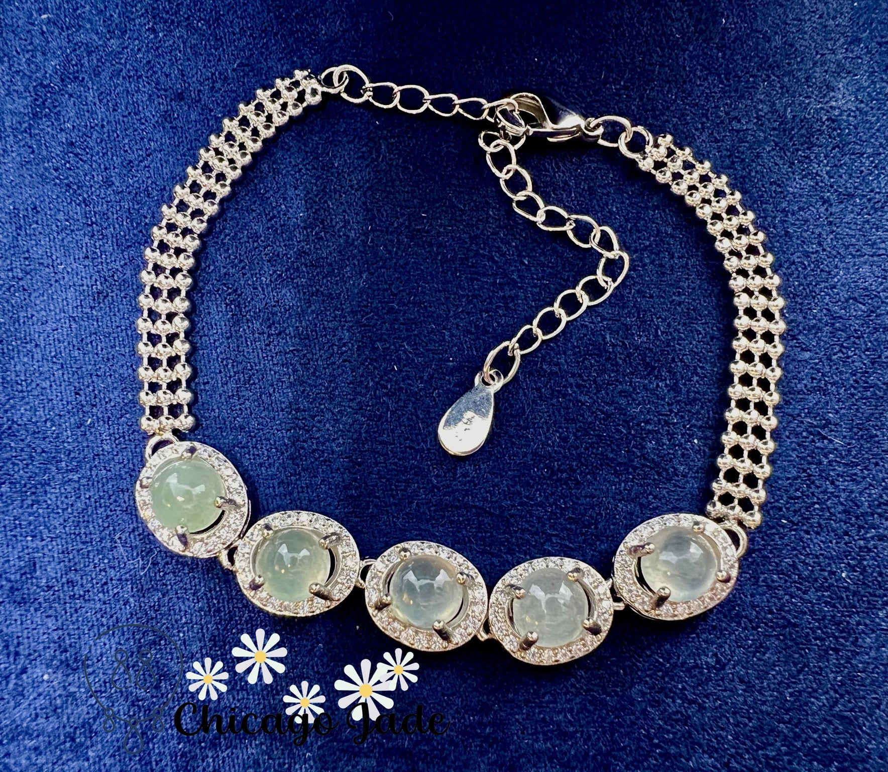 925 S0006B Light Blue Jadeite Sterling Silver Round Zircon Set Bracelet - Chicago JadebraceletsilverChicago Jade