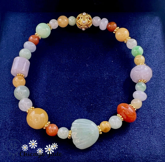 BB0004 Rainbow Jadeite Pearl Carved Seashell Beaded Bracelet - Chicago JadebeadedbraceletChicago Jade