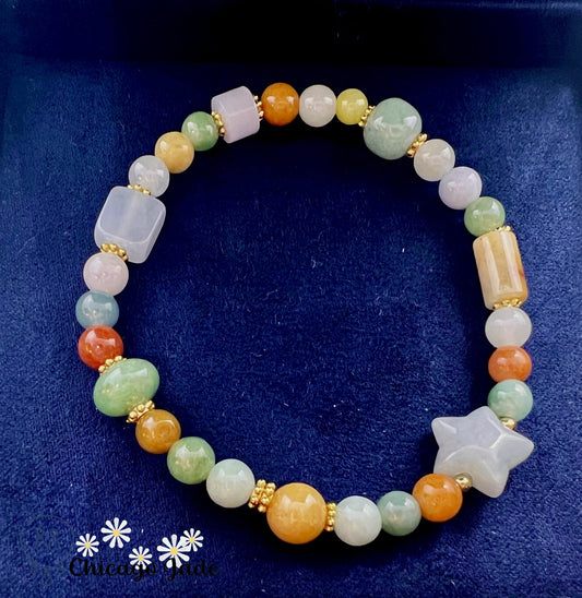 BB0005 Rainbow Jadeite Pearl Carved Star Beaded Bracelet - Chicago JadebeadedbraceletChicago Jade