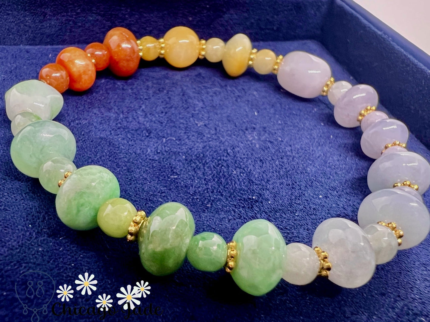 BB0007 Rainbow Jadeite Carved Star Beaded Bracelet - Chicago JadebeadedbraceletChicago Jade