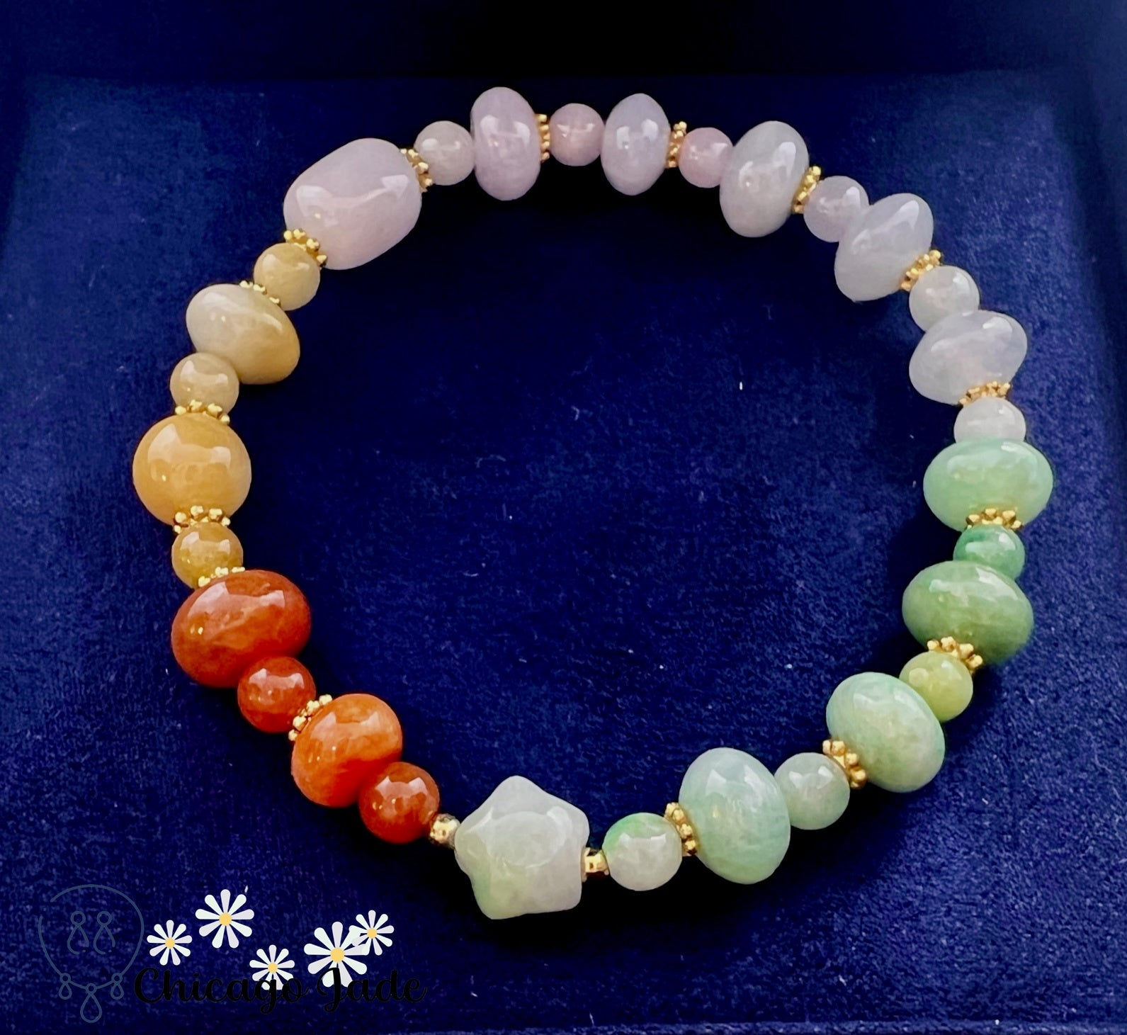 BB0007 Rainbow Jadeite Carved Star Beaded Bracelet - Chicago JadebeadedbraceletChicago Jade