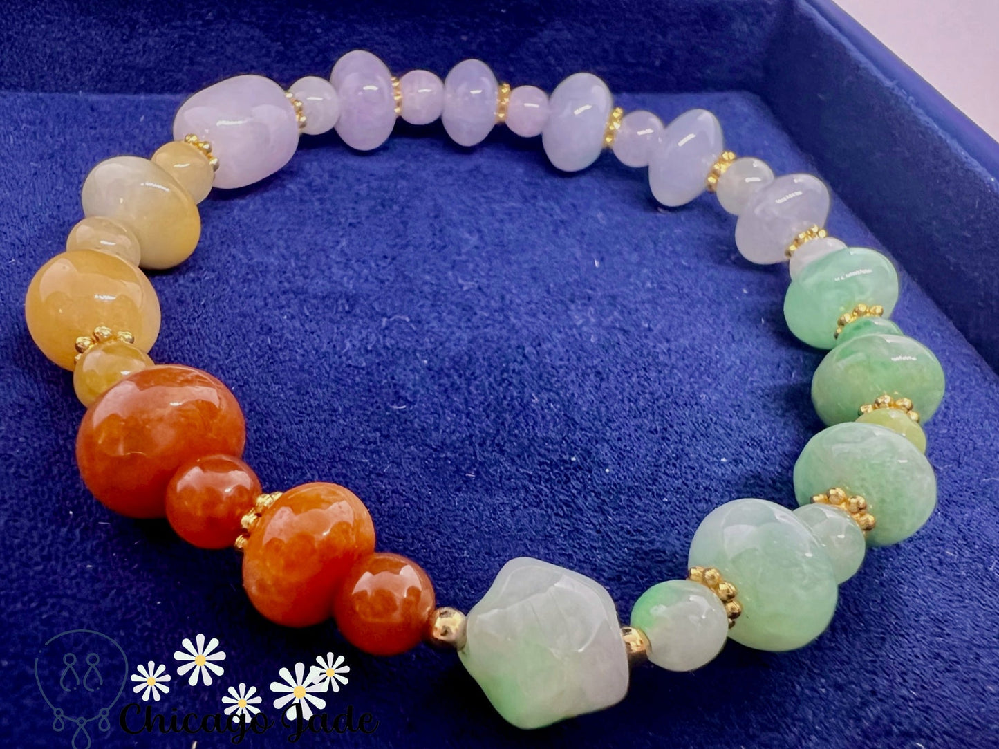 BB0007 Rainbow Jadeite Carved Star Beaded Bracelet - Chicago JadebeadedbraceletChicago Jade