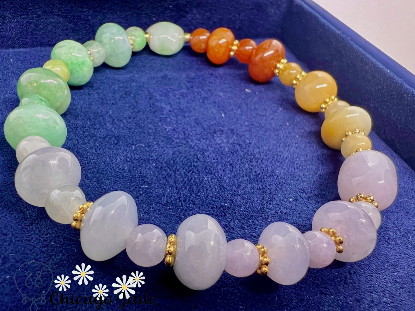 BB0007 Rainbow Jadeite Carved Star Beaded Bracelet - Chicago JadebeadedbraceletChicago Jade