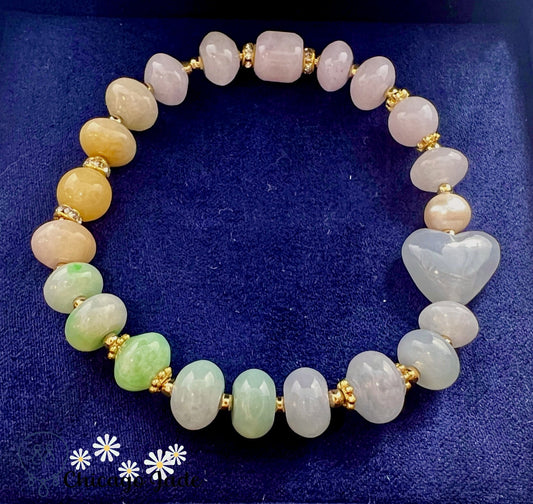 BB0008 Rainbow Jadeite Icy Blue Heart Beaded Bracelet - Chicago JadebeadedbraceletpearlChicago Jade