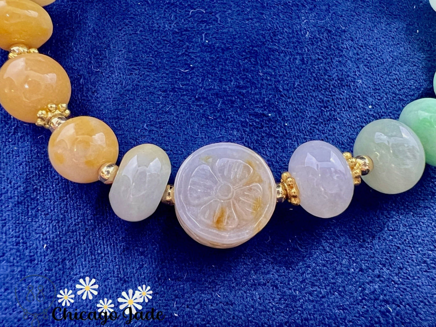 BB0009 Rainbow Jadeite Pearl Carved Flower Beaded Bracelet - Chicago JadebeadedbraceletdesignerChicago Jade