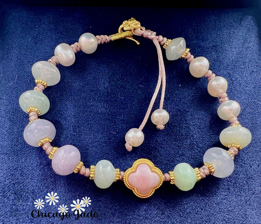 BB0014 Jadeite Mother Of Pearl Beaded Clover Rope Bracelet - Chicago JadebeadedbraceletpearlChicago Jade