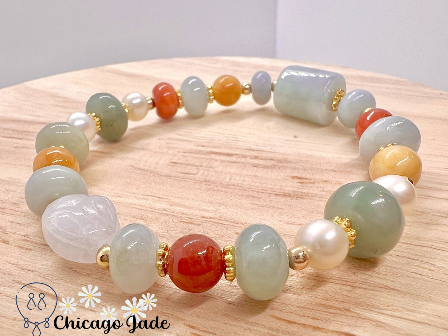 BB0016 Rainbow Jadeite Pearl Beaded Bunny Bracelet - Chicago JadebeadedbraceletdesignerChicago Jade