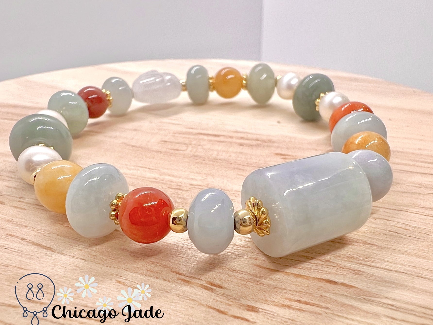 BB0016 Rainbow Jadeite Pearl Beaded Bunny Bracelet - Chicago JadebeadedbraceletdesignerChicago Jade