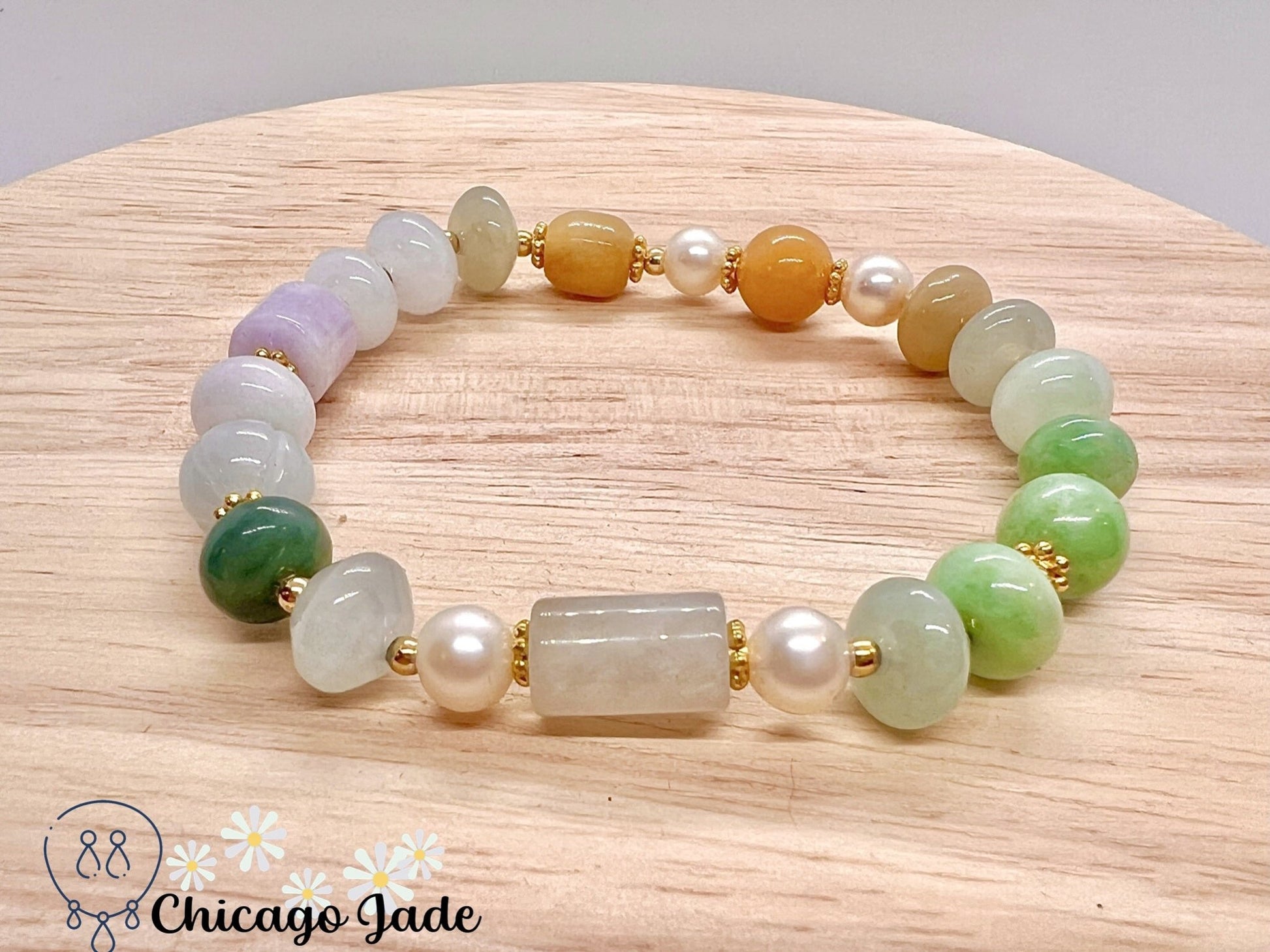 BB0017 Rainbow Jadeite Pearl Beaded Bracelet - Chicago JadebeadedbraceletpearlChicago Jade