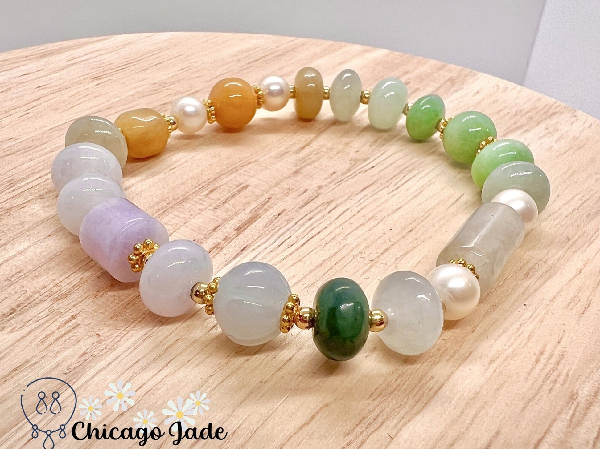 BB0017 Rainbow Jadeite Pearl Beaded Bracelet - Chicago JadebeadedbraceletpearlChicago Jade