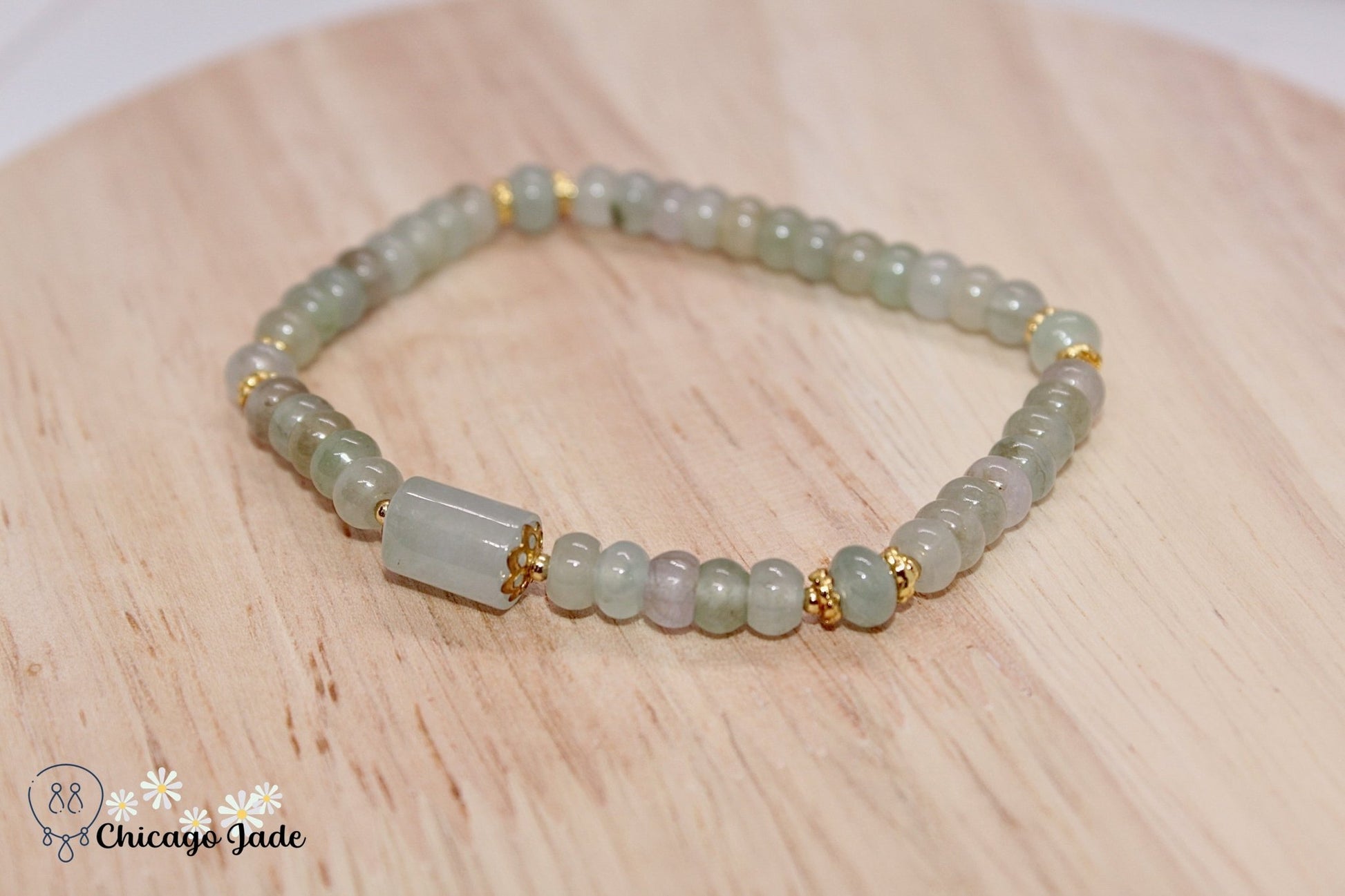 BB0022D White Yellow Jadeite with Barrel Beaded Bracelet - Chicago JadebeadedbraceletChicago Jade