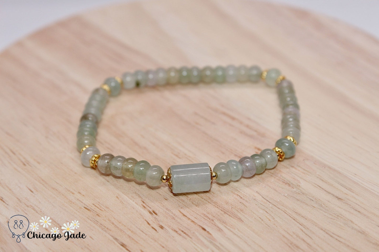 BB0022D White Yellow Jadeite with Barrel Beaded Bracelet - Chicago JadebeadedbraceletChicago Jade