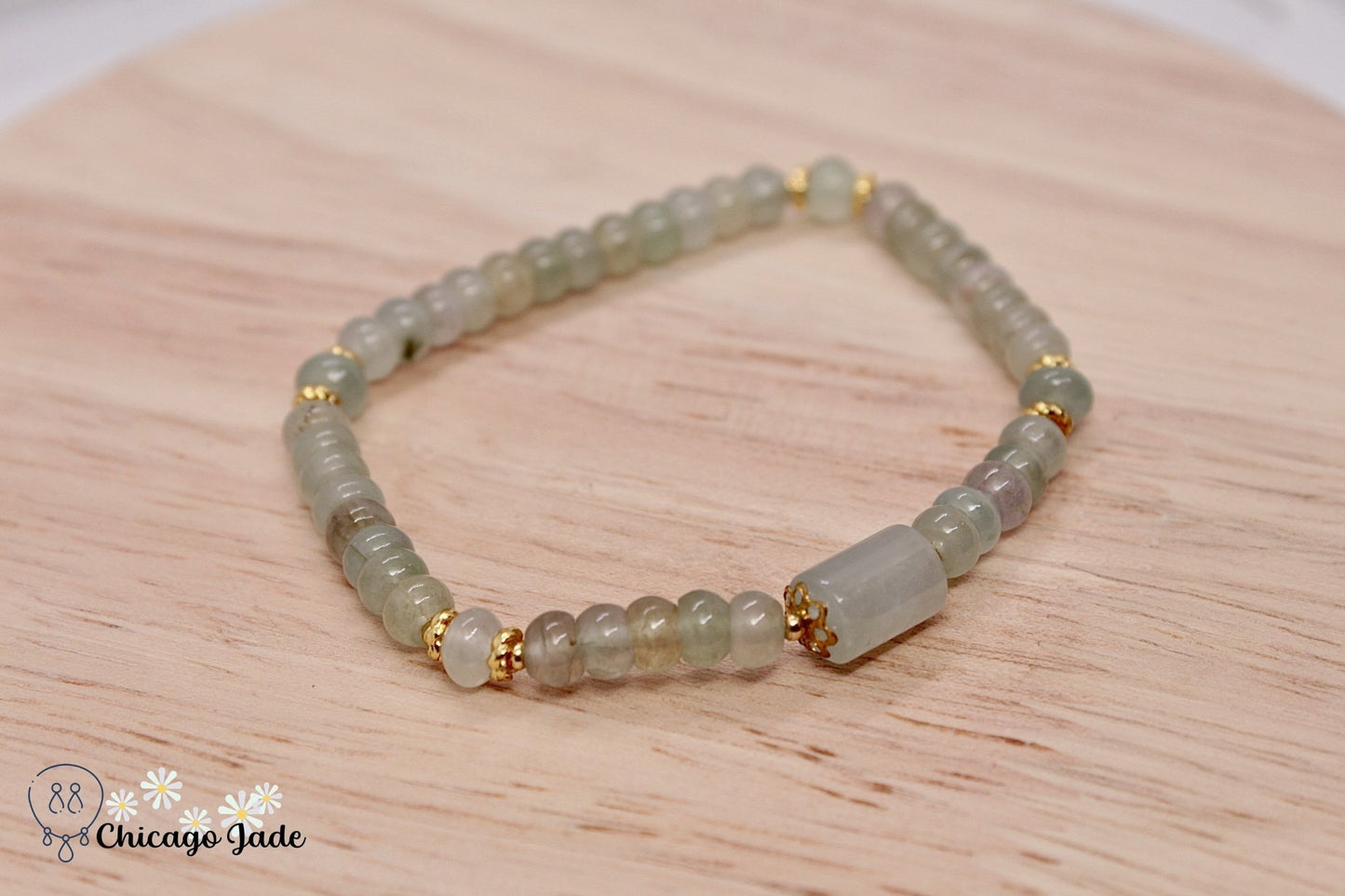 BB0022D White Yellow Jadeite with Barrel Beaded Bracelet - Chicago JadebeadedbraceletChicago Jade