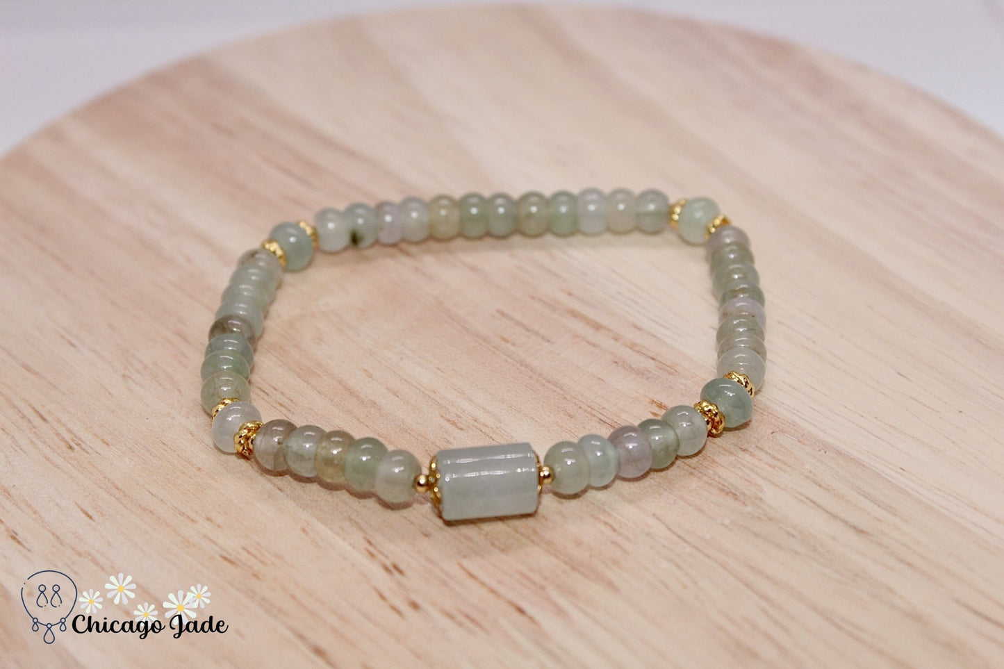 BB0022D White Yellow Jadeite with Barrel Beaded Bracelet - Chicago JadebeadedbraceletChicago Jade