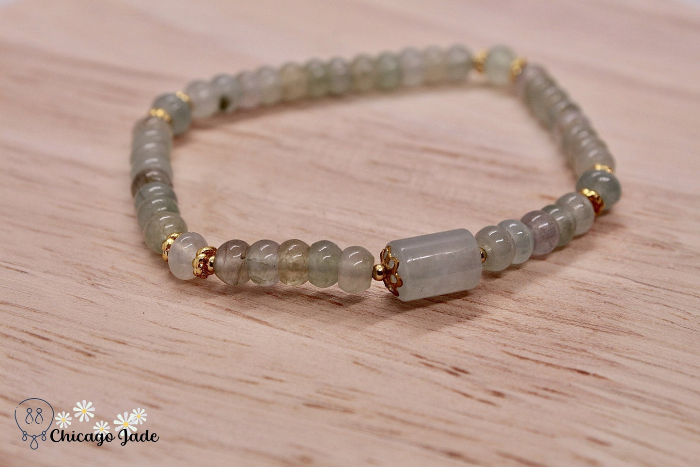 BB0022D White Yellow Jadeite with Barrel Beaded Bracelet - Chicago JadebeadedbraceletChicago Jade