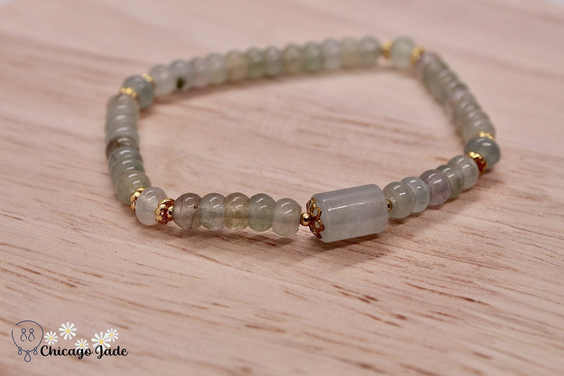 BB0022D White Yellow Jadeite with Barrel Beaded Bracelet - Chicago JadebeadedbraceletChicago Jade