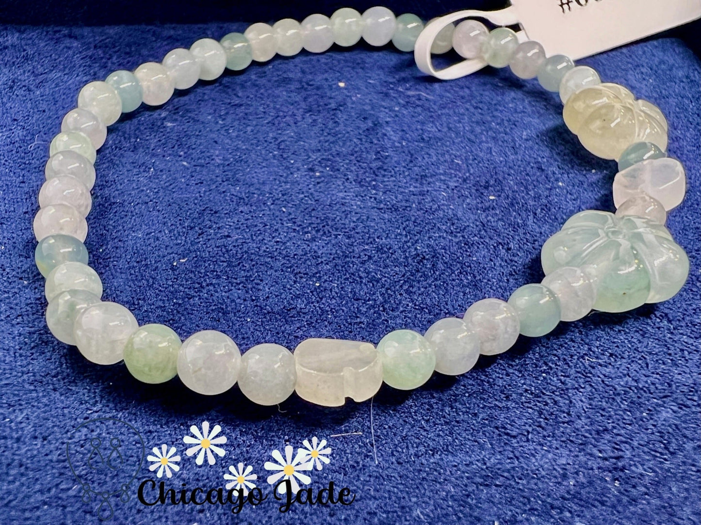 Blue White Jadeite and Flower Shaped Beaded Bracelet - Chicago JadebeadedbraceletdesignerChicago Jade