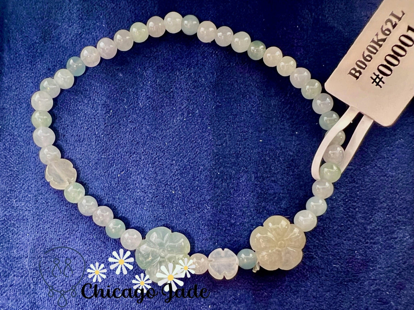 Blue White Jadeite and Flower Shaped Beaded Bracelet - Chicago JadebeadedbraceletdesignerChicago Jade