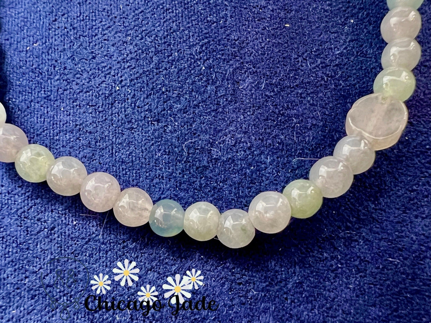 Blue White Jadeite and Flower Shaped Beaded Bracelet - Chicago JadebeadedbraceletdesignerChicago Jade