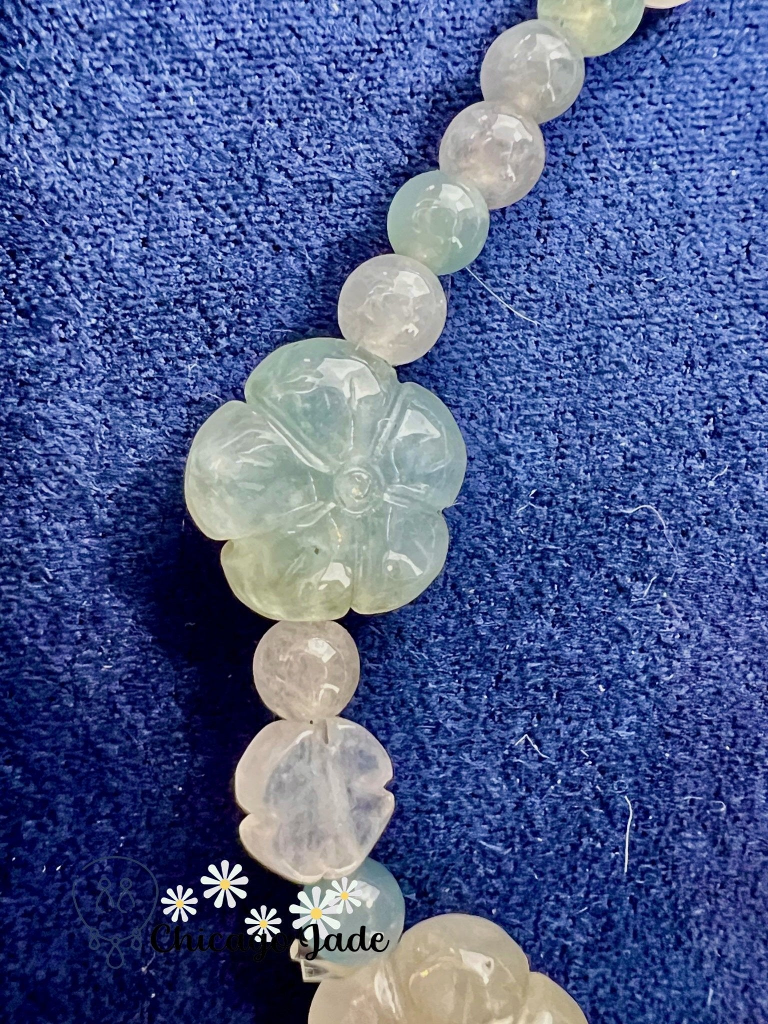 Blue White Jadeite and Flower Shaped Beaded Bracelet - Chicago JadebeadedbraceletdesignerChicago Jade