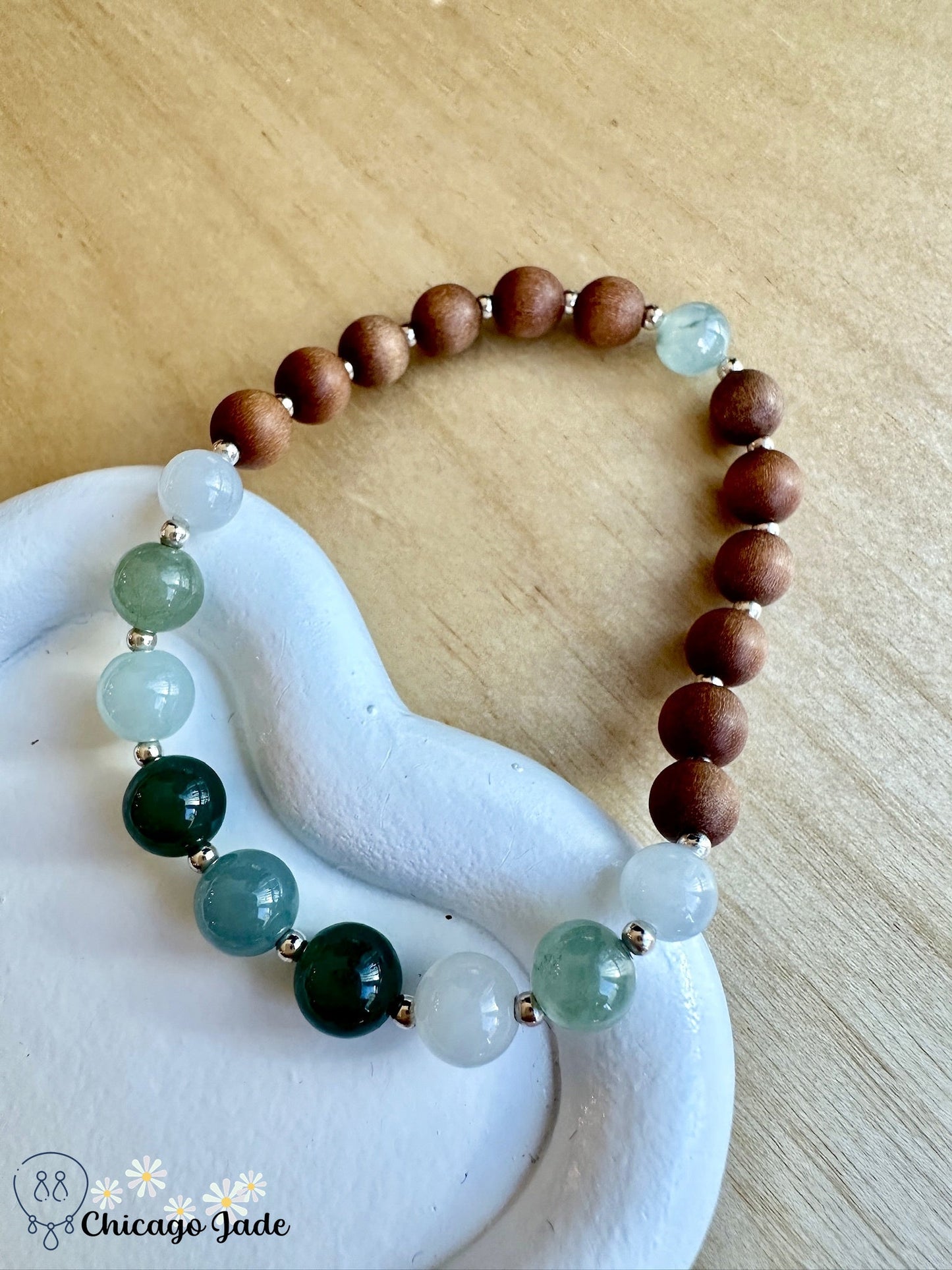 Bluish green jadeite beaded bracelet with wood - Chicago JadebeadedbraceletwoodChicago Jade