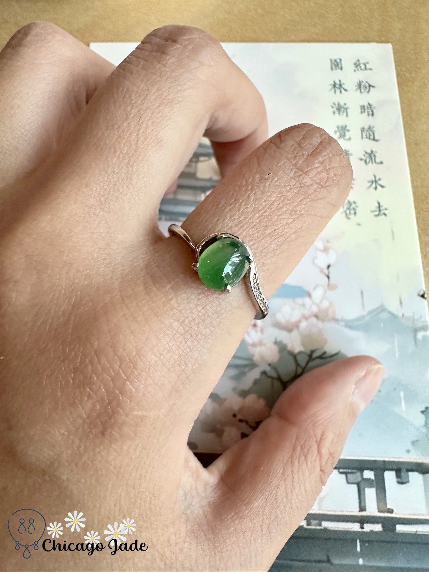 Bright green jadeite sterling silver ring with zircon - Chicago JaderingsilverChicago Jade