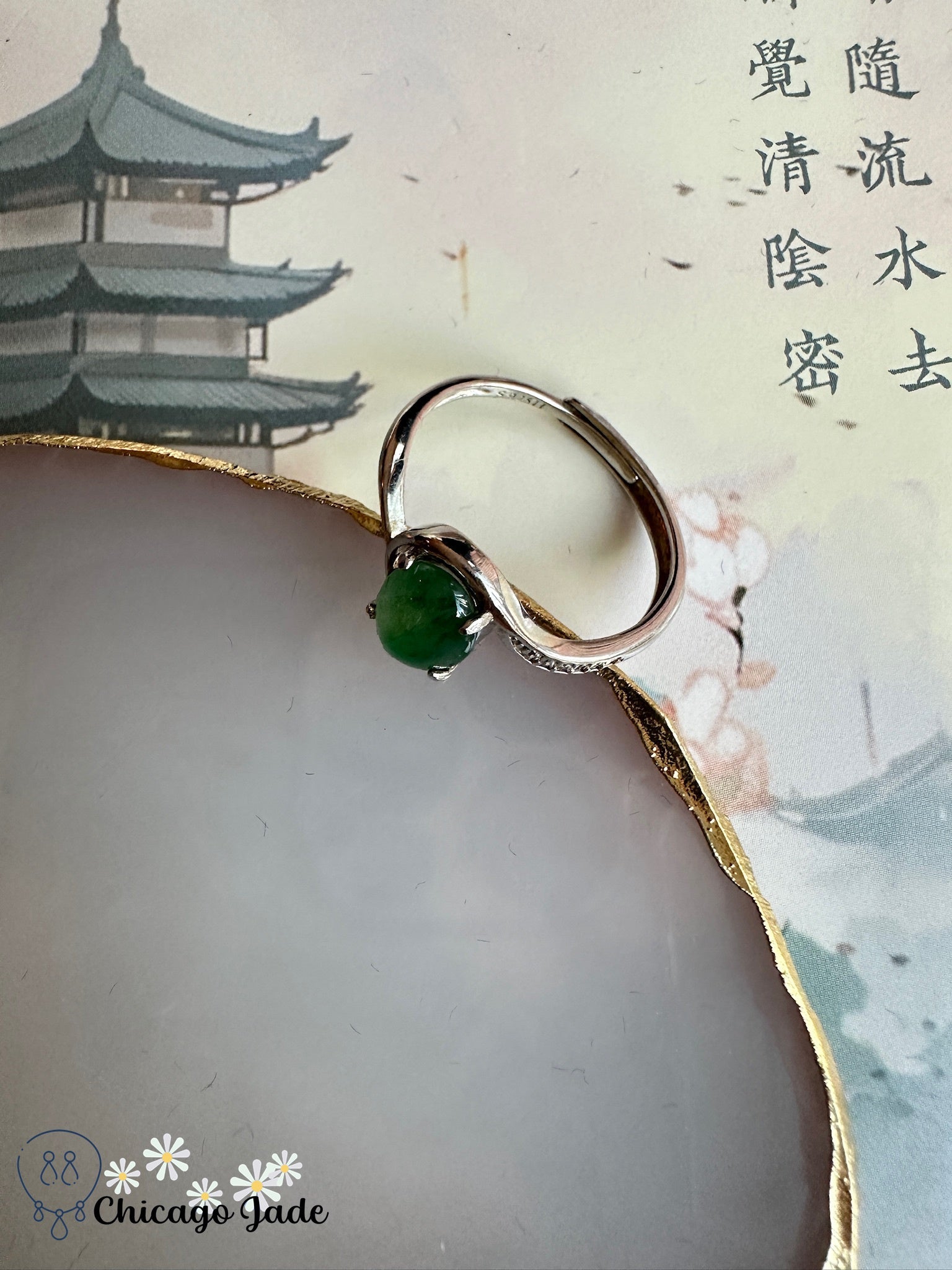 Bright green jadeite sterling silver ring with zircon - Chicago JaderingsilverChicago Jade