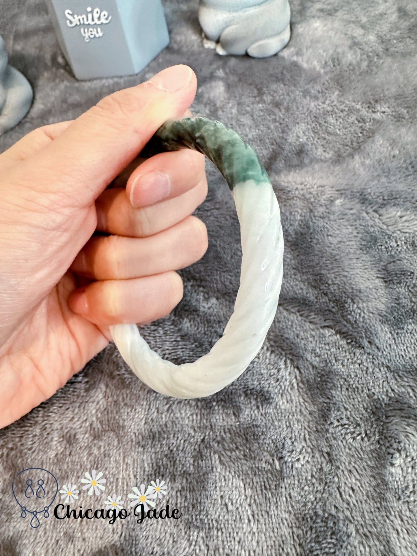 Carved Jadeite Twisted Braid Shape Bangle 56.9mm - Chicago JadeanniversarybangleengagementChicago Jade