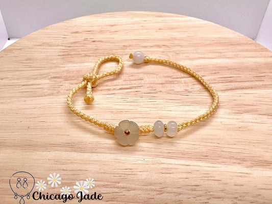 FB0008 Jadeite Flower on Yellow Braided Bracelet - Chicago JadebraceletflowerropeChicago Jade