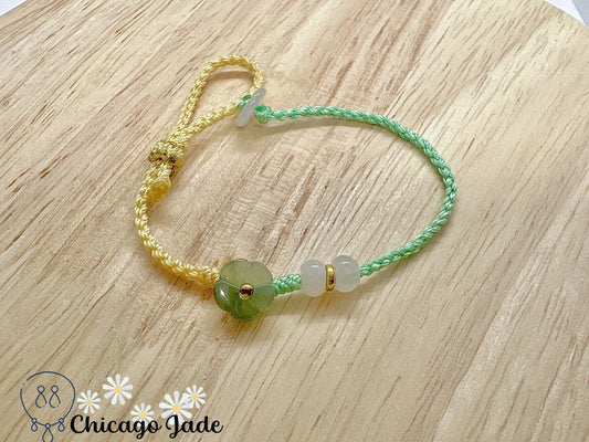 FB0011 Jadeite Flower on Half Green and Half Yellow Braided Bracelet - Chicago JadebraceletflowerropeChicago Jade