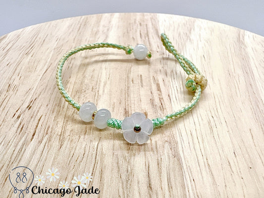 FB0012 Jadeite Flower on Grass Green and Yellow Braided Bracelet - Chicago JadebraceletflowerropeChicago Jade