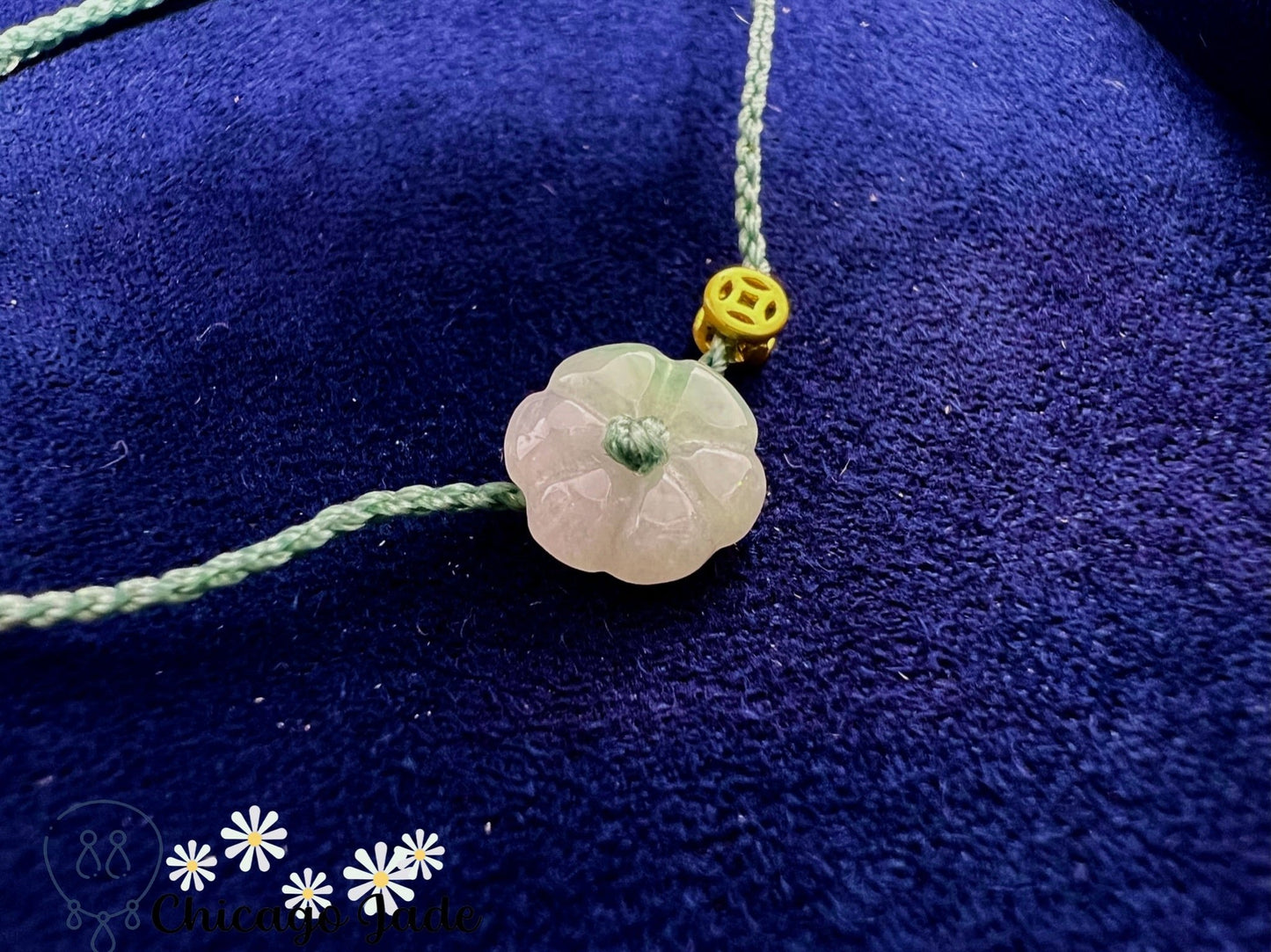 FB0021 Jadeite Flower on Light Green with Classical coin shaped charm Braided Bracelet - Chicago JadebraceletflowerropeChicago Jade