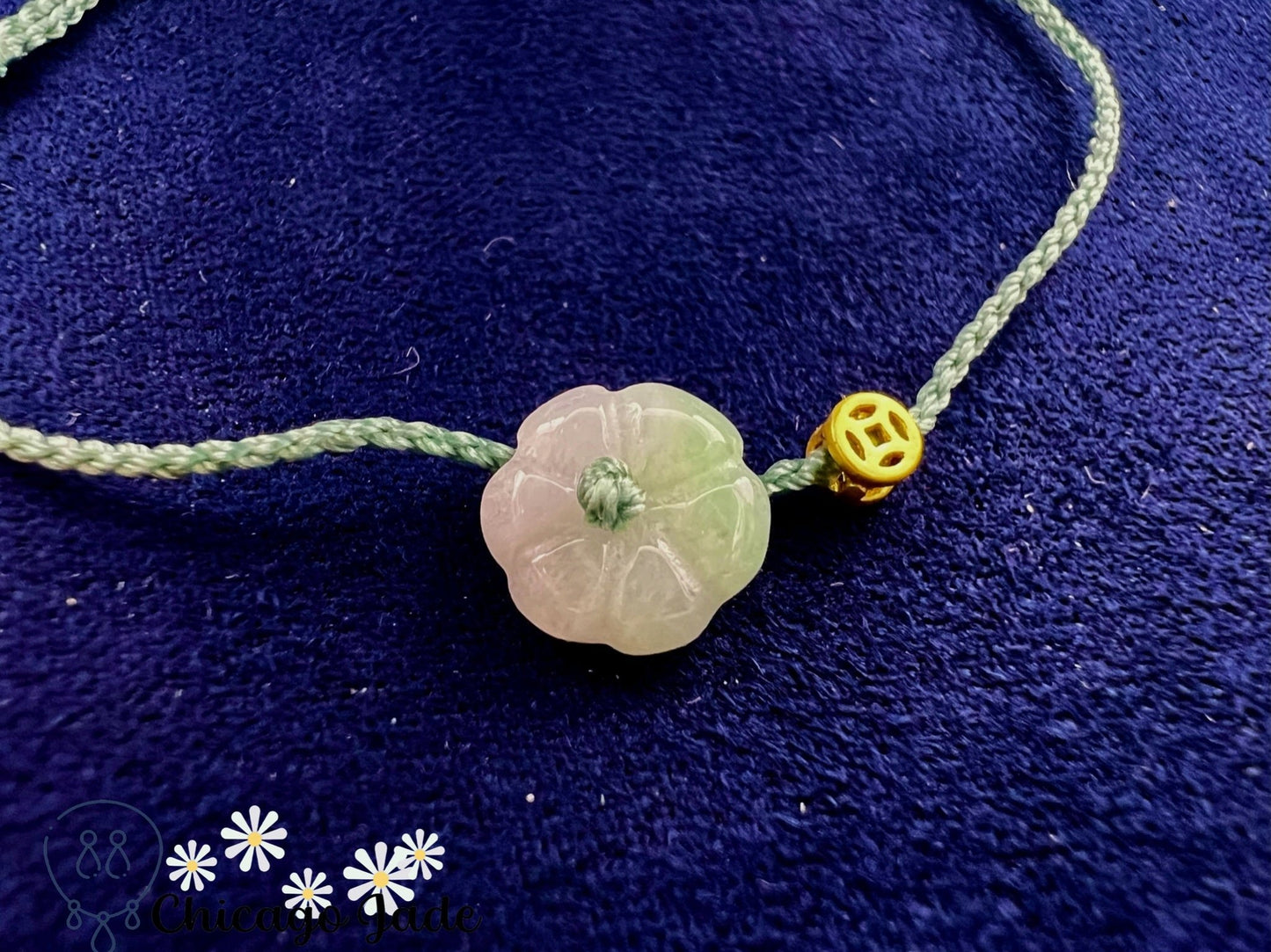 FB0021 Jadeite Flower on Light Green with Classical coin shaped charm Braided Bracelet - Chicago JadebraceletflowerropeChicago Jade