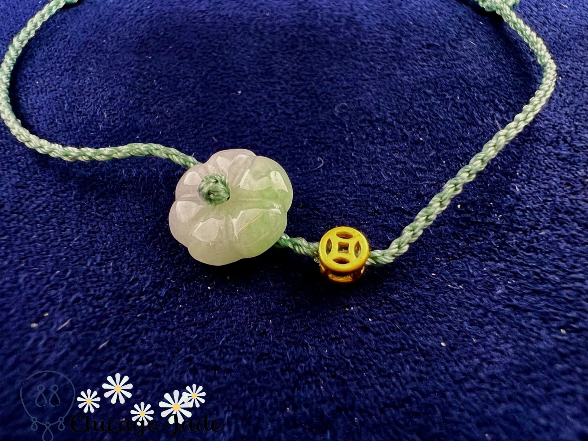 FB0021 Jadeite Flower on Light Green with Classical coin shaped charm Braided Bracelet - Chicago JadebraceletflowerropeChicago Jade