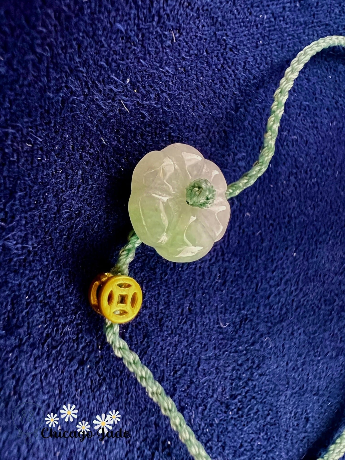 FB0021 Jadeite Flower on Light Green with Classical coin shaped charm Braided Bracelet - Chicago JadebraceletflowerropeChicago Jade